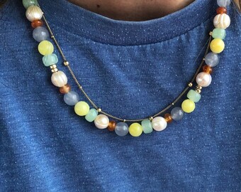 BOBBI Pearl Beaded Necklace | Multicolor Beads Gemstone Jewelry | Rainbow Jewellery | Genuine Freshwater Pearl Jewelry | 14kt Gold Filled