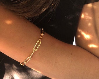 HARLOWE Gold Chain Bracelet | Paperclip Chain Thick Stacking Bracelet | 14kt Gold Filled Minimalist Chunky Rectangle Link Chain Bracelet