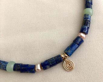 KAIA Pearl Beaded Necklace | Lapis Lazuli Freshwater Pearls Necklace | Gold Gemstone Jewelry | Spiral Jewellery | 14kt Gold Filled