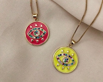 DALIA Evil Eye Necklace | Gold Evil Eye Pendant Charm | Yellow Pink Enamel Jewelry | Statement Necklace | Protection Necklace