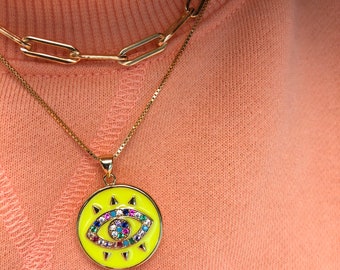 DALIA Evil Eye Necklace | Neon Gold Evil Eye Pendant Charm | Enamel Jewelry | Statement Necklace | Protection Necklace