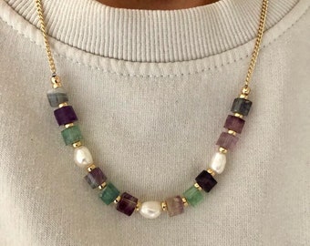ANDREJA Crystal Pearl Necklace | 14kt Gold Filled Rainbow Fluorite Gemstone Bead Necklace | Gift for Her | Demi Fine Statement Jewelry