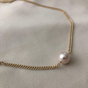 LENA Gold Pearl Chain Necklace | Curb Chain Minimalist Necklace | Freshwater Pearl Beaded Layering Necklace | 14kt Gold Filled Necklace image 5