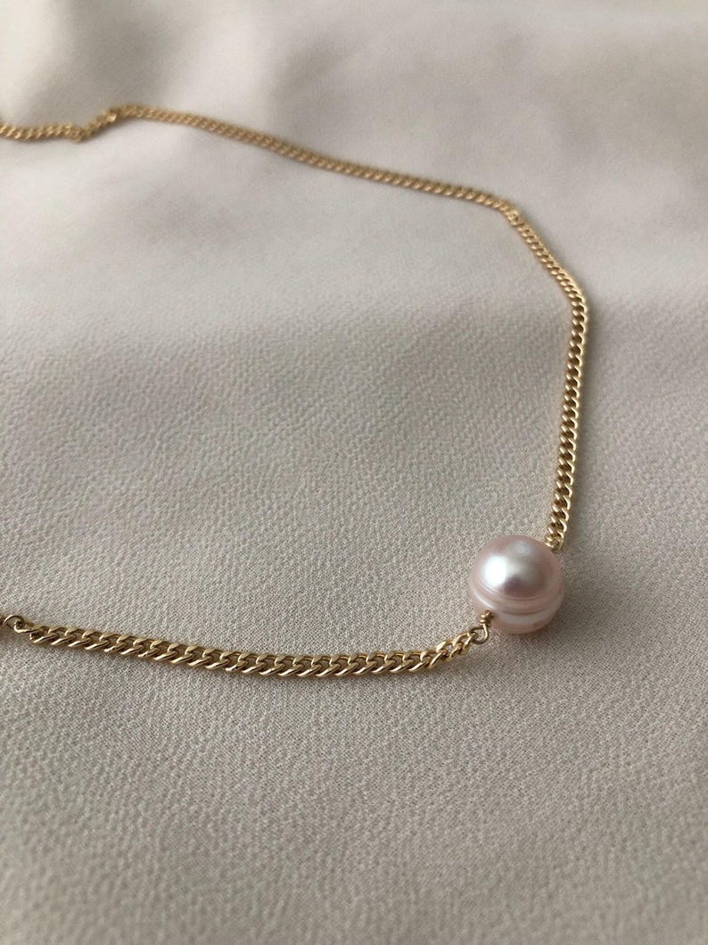 LENA Gold Pearl Chain Necklace | Curb Chain Minimalist Necklace | Freshwater Pearl Beaded Layering Necklace | 14kt Gold Filled Necklace image 5