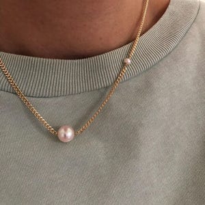 LENA Gold Pearl Chain Necklace | Curb Chain Minimalist Necklace | Freshwater Pearl Beaded Layering Necklace | 14kt Gold Filled Necklace image 3