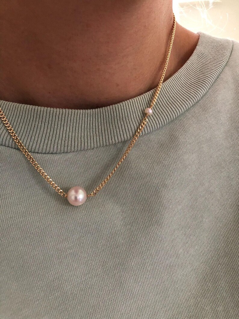 LENA Gold Pearl Chain Necklace | Curb Chain Minimalist Necklace | Freshwater Pearl Beaded Layering Necklace | 14kt Gold Filled Necklace image 3