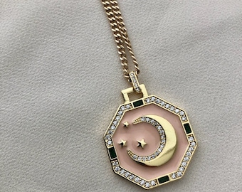 SASI Moon Necklace | 14kt Gold Filled Chain | CZ Charm Pink Enamel Pendant Necklace | Demi Fine Jewelry | Gift For Her | Celestial Jewellery