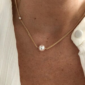 LENA Gold Pearl Chain Necklace | Curb Chain Minimalist Necklace | Freshwater Pearl Beaded Layering Necklace | 14kt Gold Filled Necklace image 6