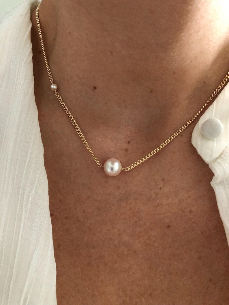 LENA Gold Pearl Chain Necklace | Curb Chain Minimalist Necklace | Freshwater Pearl Beaded Layering Necklace | 14kt Gold Filled Necklace image 6