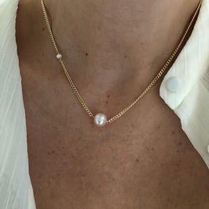 LENA Gold Pearl Chain Necklace | Curb Chain Minimalist Necklace | Freshwater Pearl Beaded Layering Necklace | 14kt Gold Filled Necklace image 1
