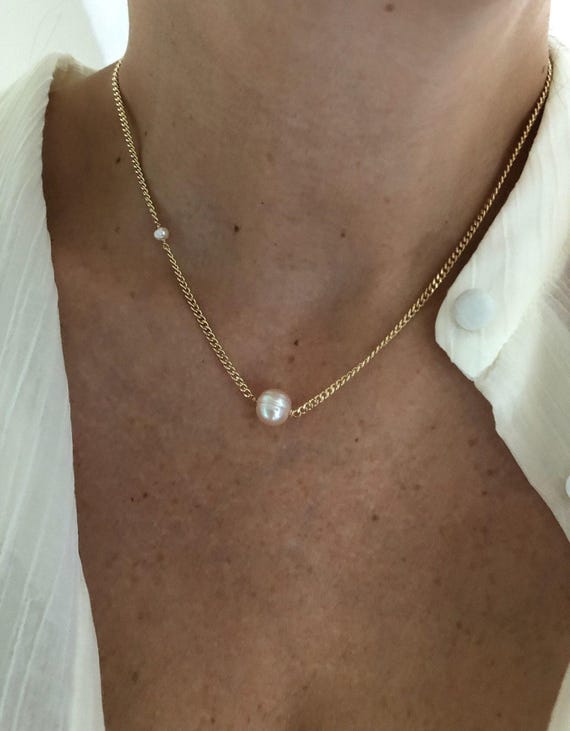 LENA Gold Pearl Chain Necklace | Curb Chain Minimalist Necklace | Freshwater Pearl Beaded Layering Necklace | 14kt Gold Filled Necklace