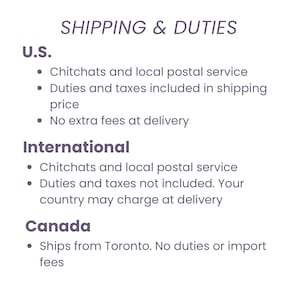 May include: Text on a white background reads "SHIPPING & DUTIES." Below, it lists shipping details for the U.S., International, and Canada. The U.S. section mentions local postal service, duties included, and no extra fees. The International section notes duties not included. Canada ships from Toronto.