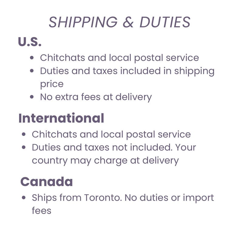 May include: Text on a white background reads "SHIPPING & DUTIES." Below, it lists shipping details for the U.S., International, and Canada. The U.S. section mentions local postal service, duties included, and no extra fees. The International section notes duties not included. Canada ships from Toronto.