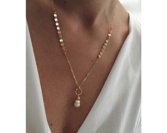 SAPRI Gold Pearl Necklace | Baroque Pearl Drop Statement Necklace | Fine Jewelry | Dot Chain Necklace  | Freshwater Pendant Jewellery