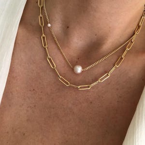 LENA Gold Pearl Chain Necklace | Curb Chain Minimalist Necklace | Freshwater Pearl Beaded Layering Necklace | 14kt Gold Filled Necklace image 8