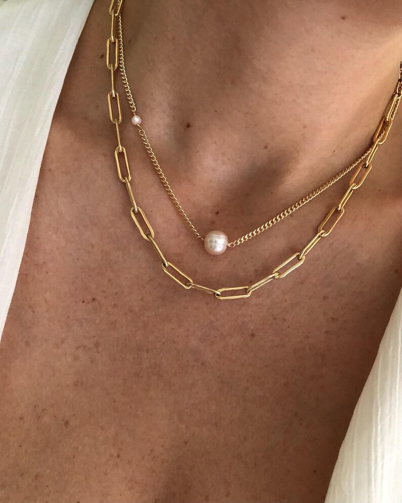LENA Gold Pearl Chain Necklace | Curb Chain Minimalist Necklace | Freshwater Pearl Beaded Layering Necklace | 14kt Gold Filled Necklace image 8