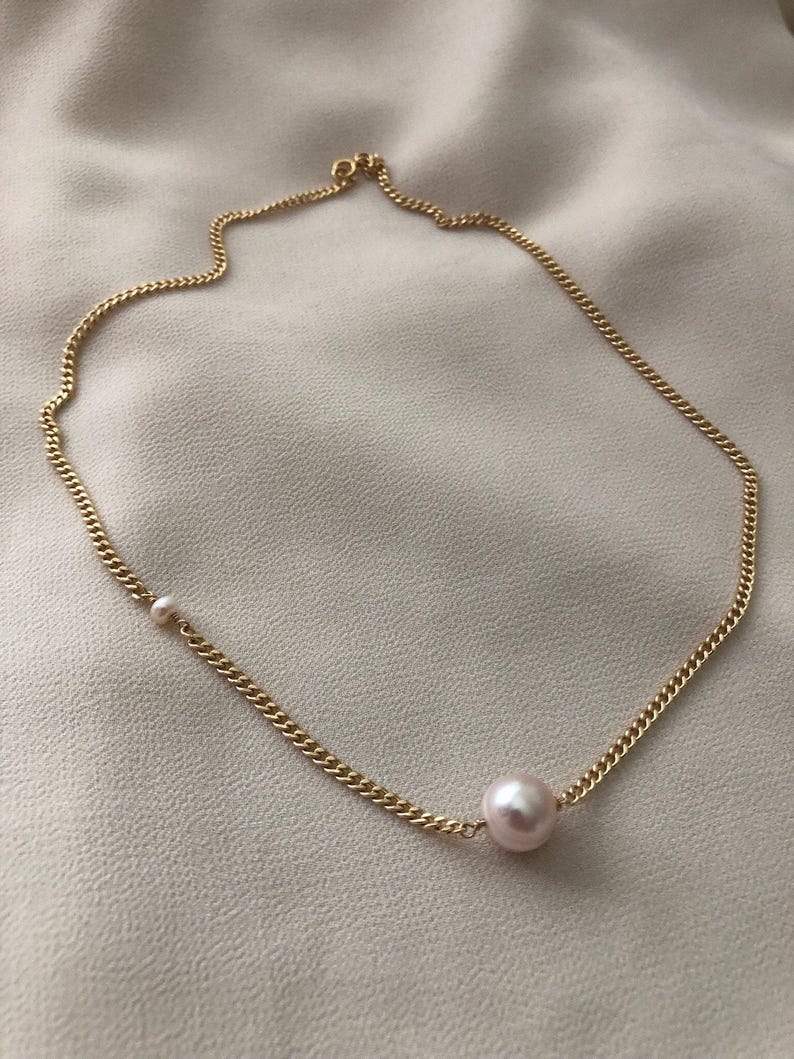 LENA Gold Pearl Chain Necklace | Curb Chain Minimalist Necklace | Freshwater Pearl Beaded Layering Necklace | 14kt Gold Filled Necklace image 4