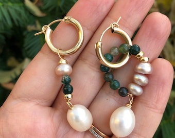 KYRA Pearl Beaded Hoop Earrings | Thick Chunky Gold Hoops | High Quality 14kt Gold Filled Charm Earrings | Colorful Demi Fine Jewelry
