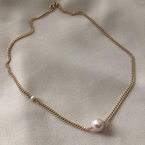 LENA Gold Pearl Chain Necklace | Curb Chain Minimalist Necklace | Freshwater Pearl Beaded Layering Necklace | 14kt Gold Filled Necklace image 7