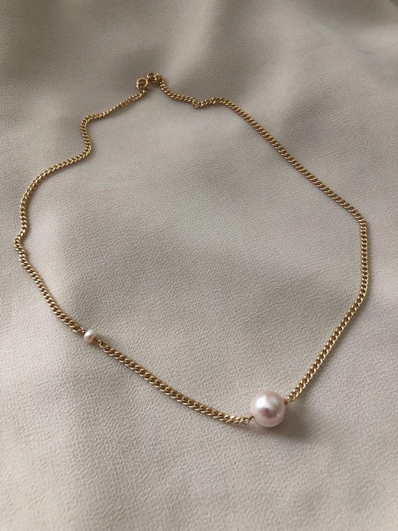 LENA Gold Pearl Chain Necklace | Curb Chain Minimalist Necklace | Freshwater Pearl Beaded Layering Necklace | 14kt Gold Filled Necklace image 7