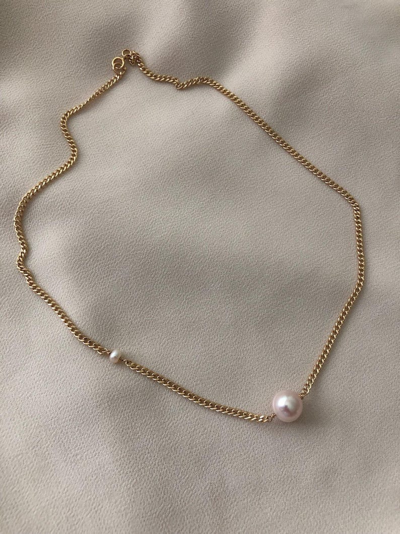 LENA Gold Pearl Chain Necklace | Curb Chain Minimalist Necklace | Freshwater Pearl Beaded Layering Necklace | 14kt Gold Filled Necklace image 2