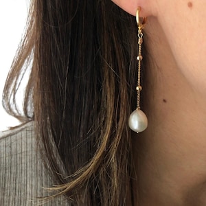 ISABELLA Pearl Gold Earrings | Huggies Dangle Drop Fresh Water Pearls | Demi Fine Jewelry | Minimalist Everyday Jewellery | Gifts for her