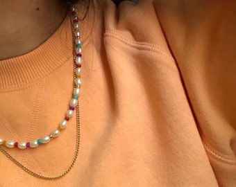 AUDREY Pearl Beaded Necklace | Baroque Freshwater Pearls Necklace | Mixed Gold Gemstone Jewelry | Rainbow Jewellery | 14kt Gold Filled