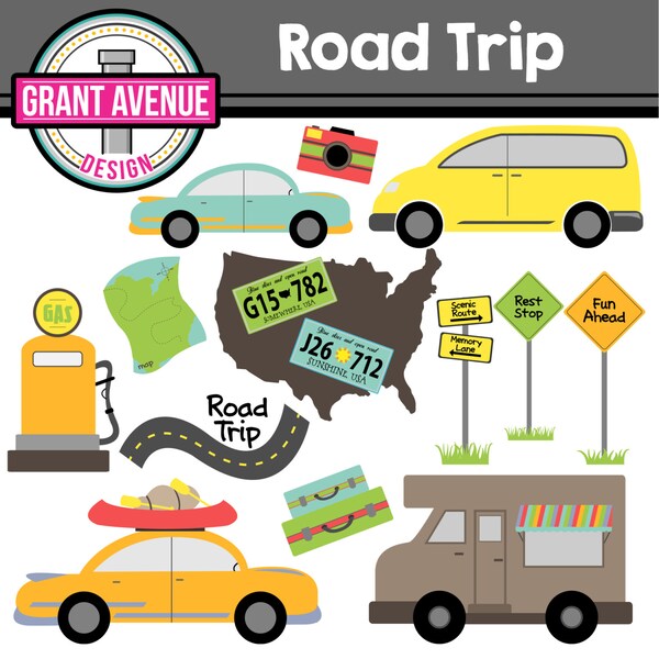 Road Trip - Cute Digital Clipart Set for Personal and Commercial Use - Card Design, Scrapbooking, and Web Design