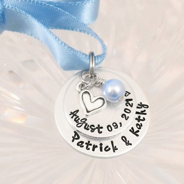 Custom wedding bouquet charm, Hand stamped bouquet charm, Something blue wedding gift, Something blue charm, Personalized bouquet charm