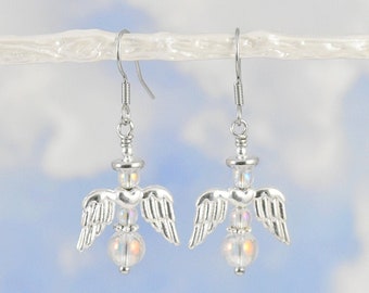 Guardian angel dangle earrings, Angel aura earrings, Iridescent dangle earrings, Angel aura quartz earrings, Guardian angel gift for her