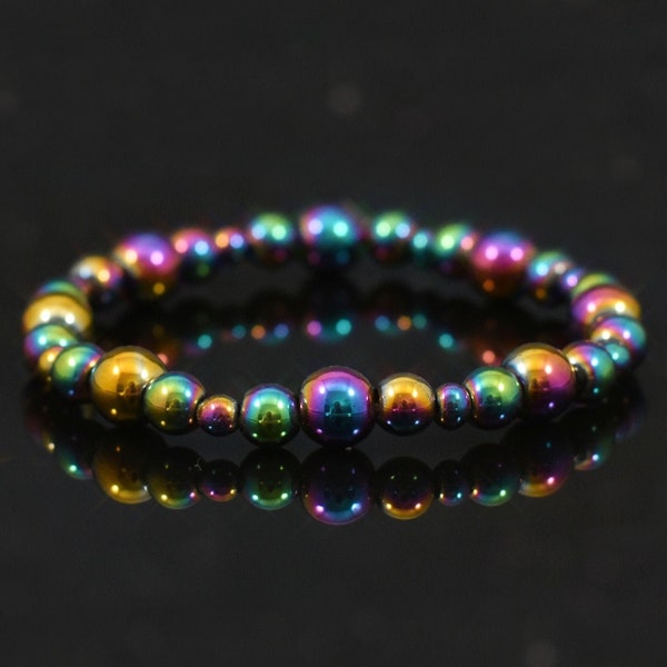 Rainbow hematite stretch bracelet, Beaded hematite bracelet, Futuristic jewelry, Iridescent hematite jewelry, Metaphysical bracelet