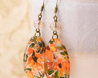 Long autumn dangle earrings, Cute fall dangle earrings, Large autumn earrings, Thanksgiving earrings, Bronze dangle earrings