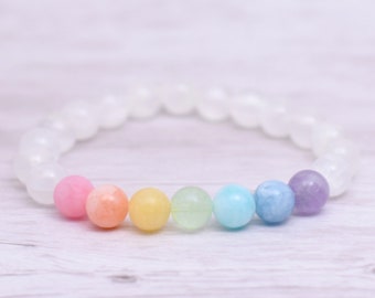 Beaded chakra selenite bracelet, 7 Chakra stretch bracelet, Pastel rainbow bracelet, Pastel chakra bracelet, Healing selenite bracelet