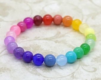 Pulsera de piedras preciosas arco iris, pulsera de piedras preciosas con cuentas de colores, pulsera de piedras preciosas curativas, pulsera arco iris Ombre, pulsera de cristal arco iris