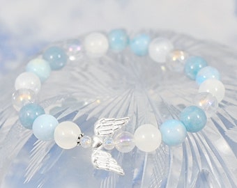 Guardian angel bracelet, Beaded angel stretch bracelet, Iridescent beaded bracelet, Guardian angel jewelry, Angel gemstone bracelet