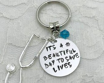 Grey's Anatomy key chain, Stethoscope key chain, Doctor key chain, Hand-stamped gift, It's a beautiful day to save lives