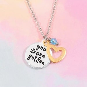 Personalized golden birthday gift for her, Custom golden birthday jewelry, Gift for golden birthday girl, You Are Golden heart necklace