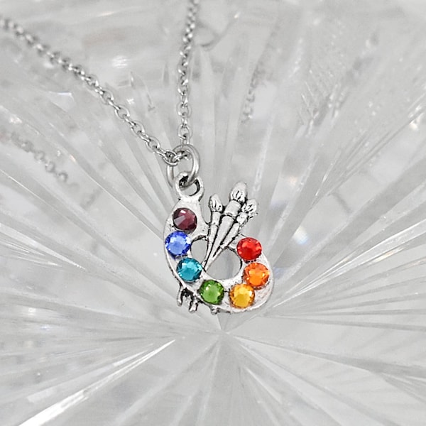 Collier palette de peinture en cristal, bijoux personnalisés pour amateur d'art, collier de peintre personnalisé, peintre Saint-Valentin, cadeau Saint-Valentin pour artiste