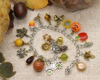 Handmade Autumn charm bracelet, Woodland charm bracelet, Unique fall jewelry, Thanksgiving charm bracelet, Adorable fall charm bracelet