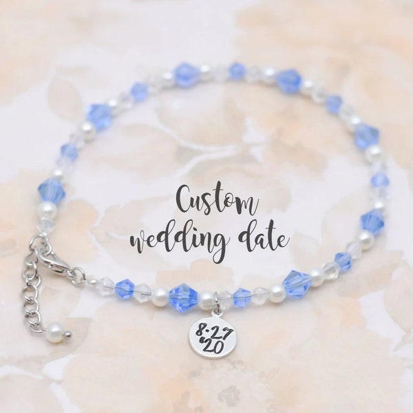 Custom something blue anklet, Something blue bracelet, Beaded bridal anklet, Personalized wedding date gift, Custom bridal shower gift