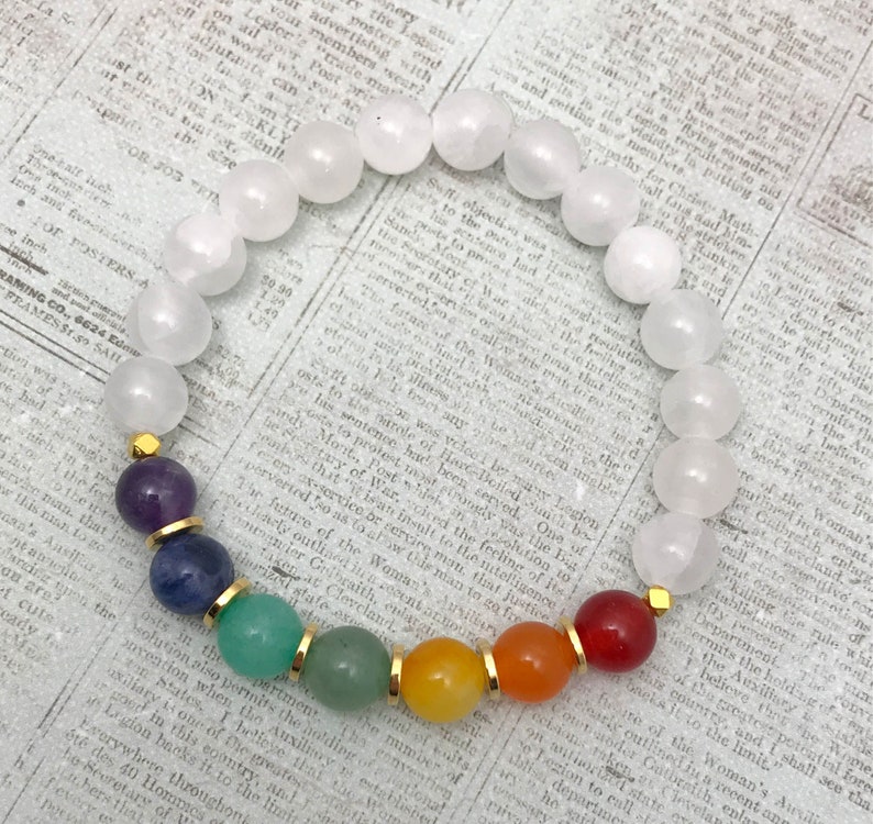 Selenite bracelet 7 Chakra bracelet Natural crystal healing jewelry Beaded selenite chakra bracelet Spiritual gemstone bracelet