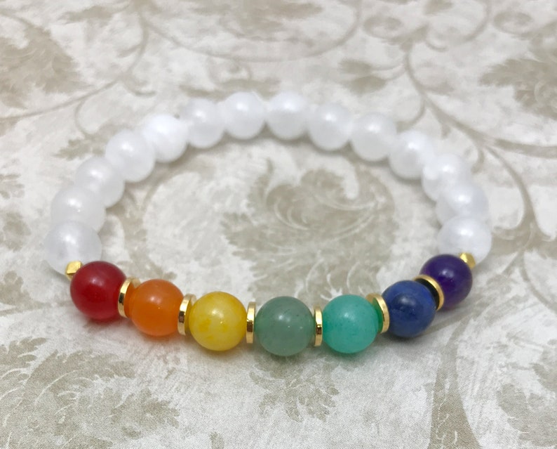 Selenite bracelet 7 Chakra bracelet Natural crystal healing jewelry Beaded selenite chakra bracelet Spiritual gemstone bracelet