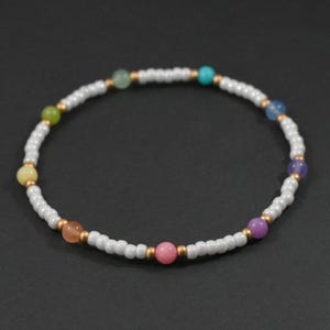 Beaded rainbow gemstone anklet, Thin stackable ankle bracelet, Stretchy rainbow ankle bracelet, Colorful dainty beaded anklet