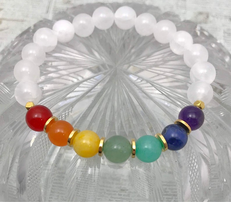 Selenite bracelet 7 Chakra bracelet Natural crystal healing jewelry Beaded selenite chakra bracelet Spiritual gemstone bracelet