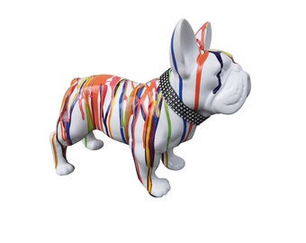 Grande Statue de chien Bouledogue Français en céramique, modèle "Colors Drip" unique, Laure Terrier. Longueur 32 centimètres