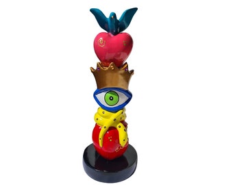 Sculpture of Totem "Lucky Charm" with apple, snake, eye, crown, heart a bird. Height 11'8 inches. Unique piece by Laure TERRIER