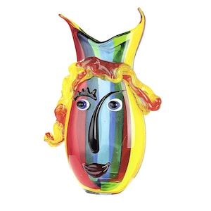 Glazen vaas van 35 cm. Veelkleurig model "Face". Origineel werk van Laure Terrier, eigentijdse decoratie.