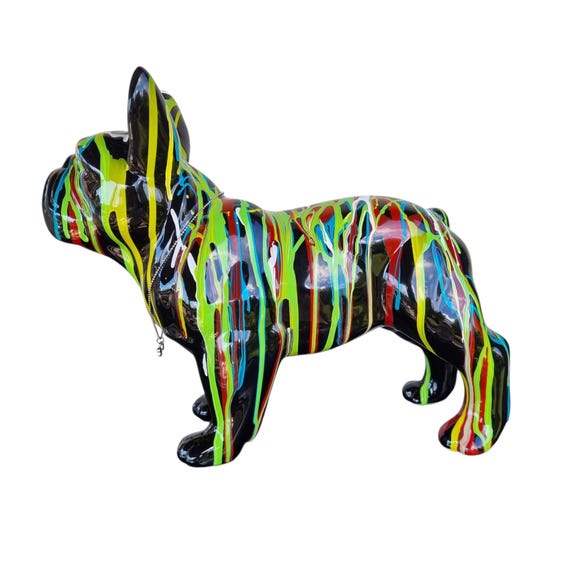 Statue Chien En Résine Bouledogue Français Assis Multicolore Fond N 43 Cm