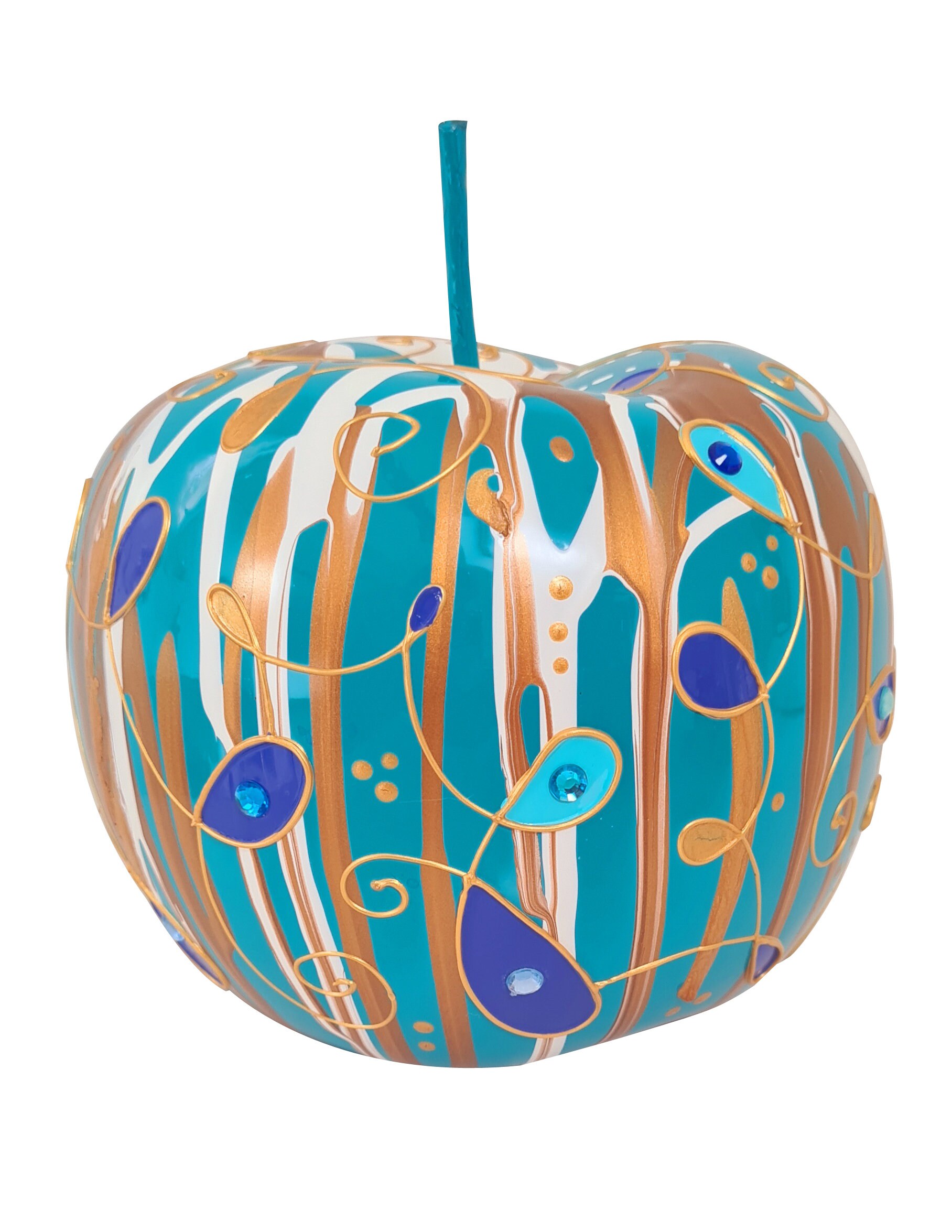 Sculpture de Fruit. Pomme en Céramique Bleue et Multicolore. Hauteur 12 Centimètres, Décoration Laur