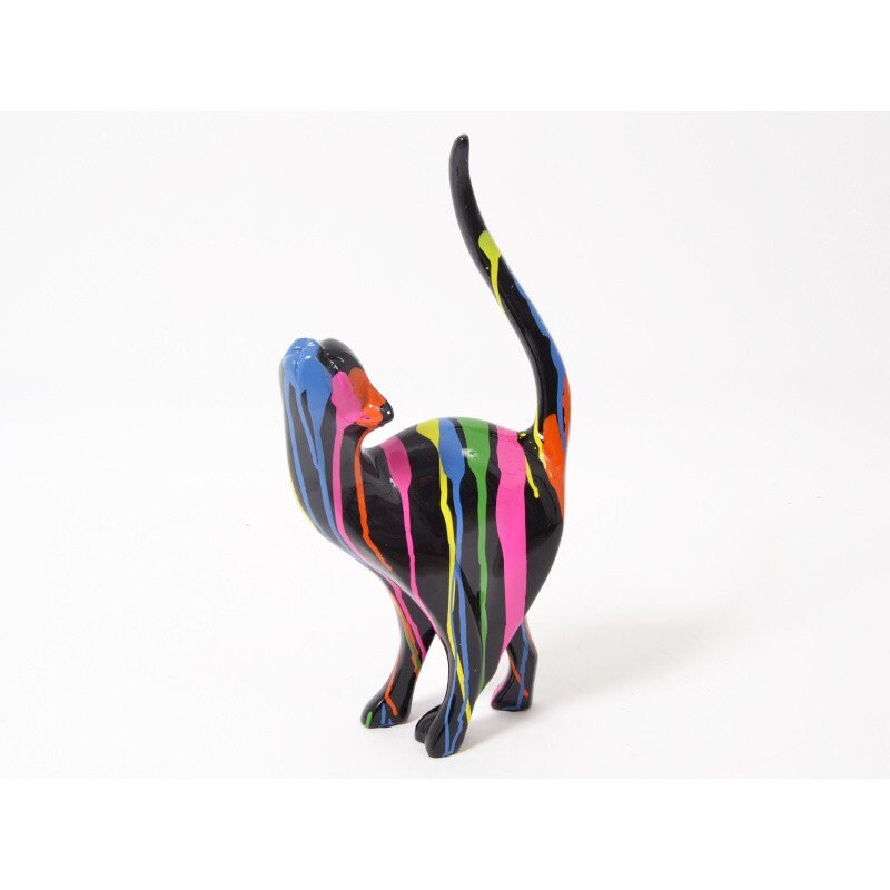 Grande Statue de Chat, en Résine avec Coulures Peinture, Hauteur 47 Centimètres Pour Décoration Exté